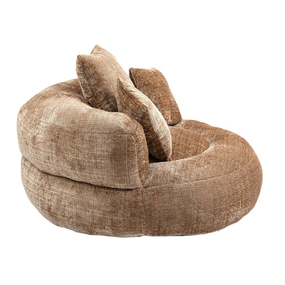 Canapé pouf géant en chenille 42.52 couleur café, avec trois coussins, pour chambre à coucher.
