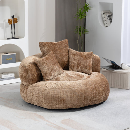 Canapé pouf géant en chenille 42.52 couleur café, avec trois coussins, pour chambre à coucher.