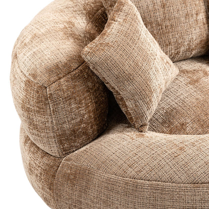 Canapé pouf géant en chenille 42.52 couleur café, avec trois coussins, pour chambre à coucher.