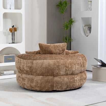 Canapé pouf géant en chenille 42.52 couleur café, avec trois coussins, pour chambre à coucher.