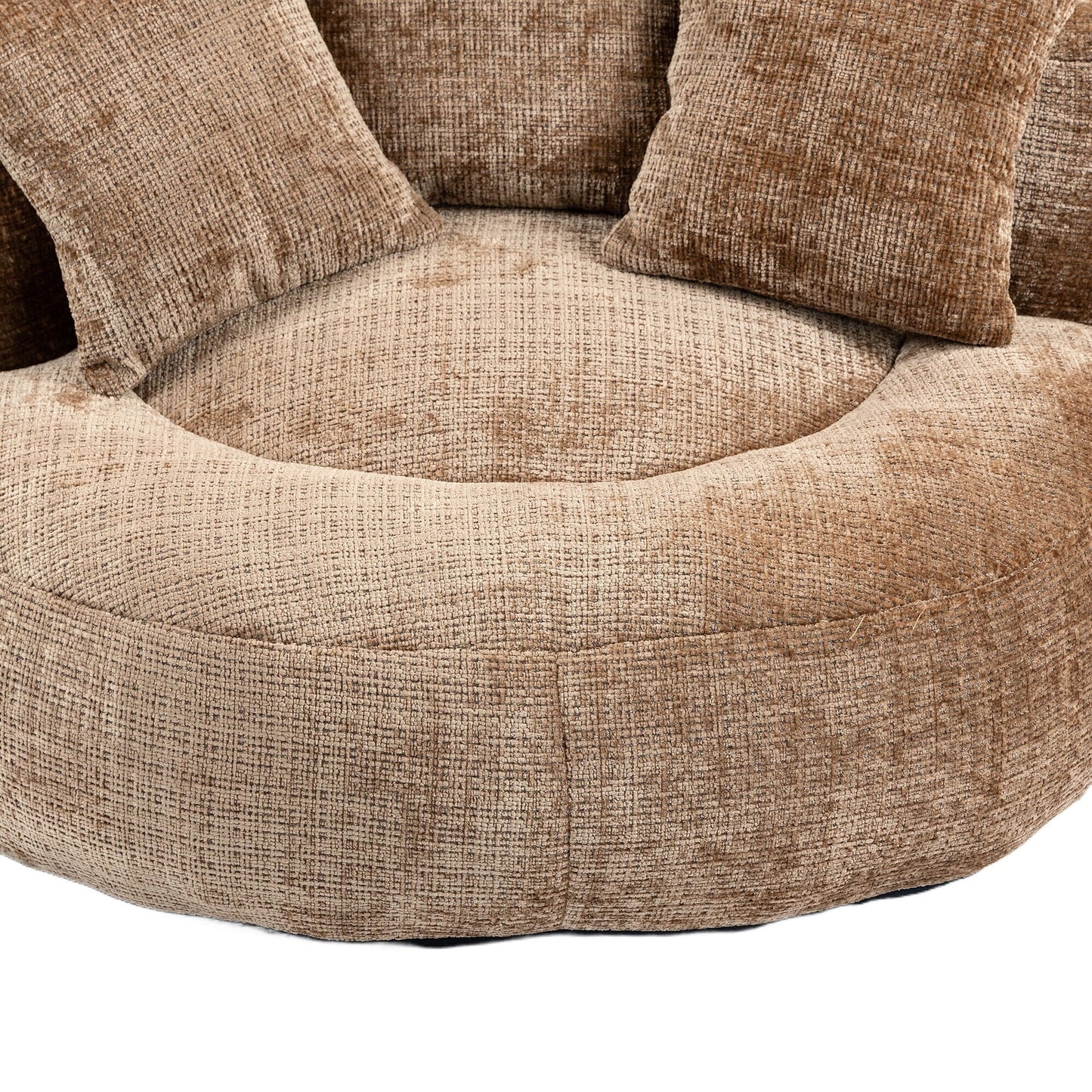 Canapé pouf géant en chenille 42.52 couleur café, avec trois coussins, pour chambre à coucher.