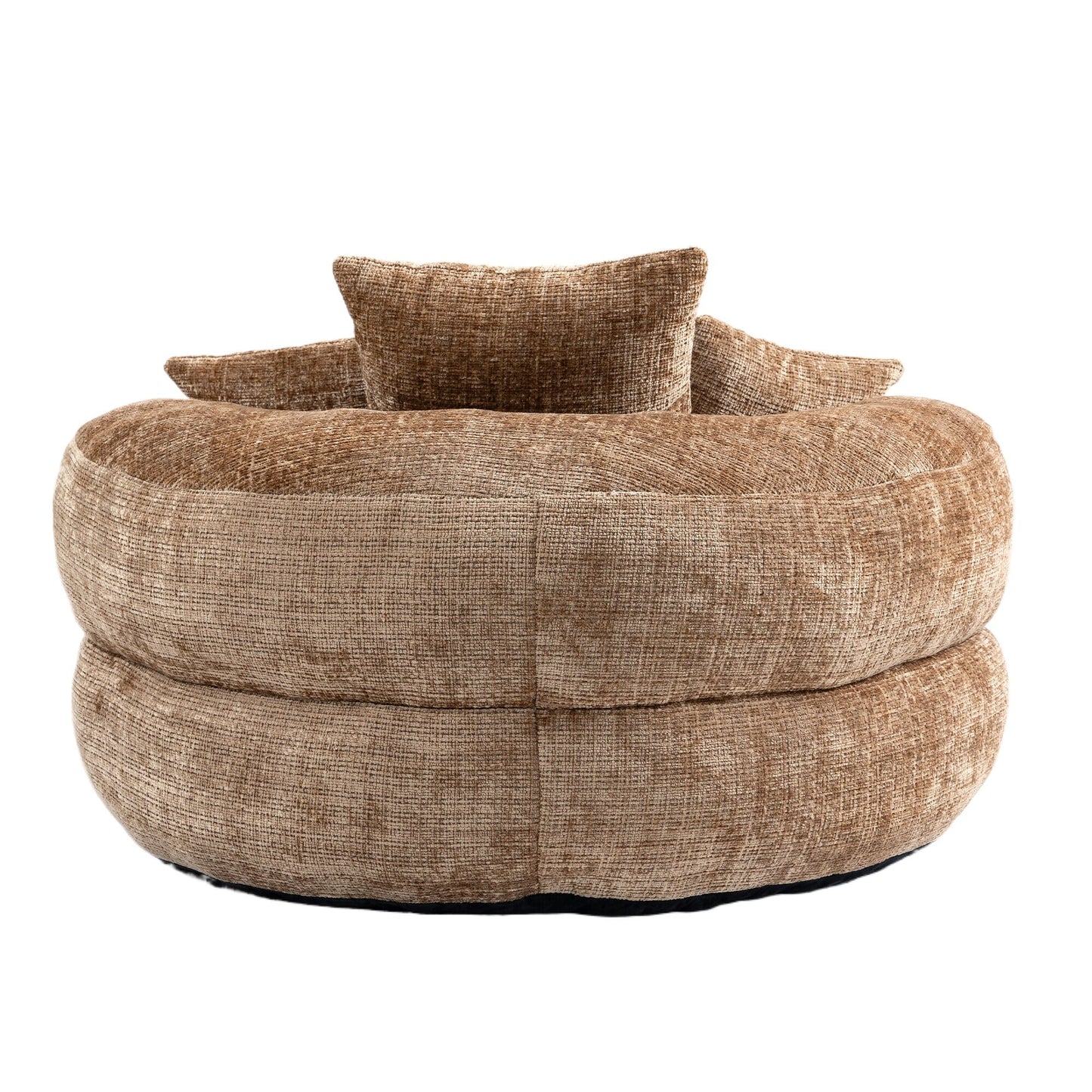 Canapé pouf géant en chenille 42.52 couleur café, avec trois coussins, pour chambre à coucher.