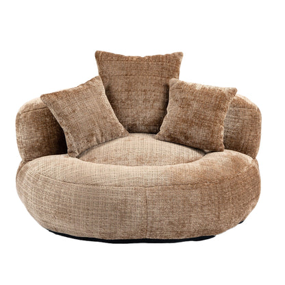 Canapé pouf géant en chenille 42.52 couleur café, avec trois coussins, pour chambre à coucher.