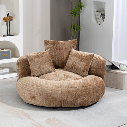 Canapé pouf géant en chenille 42.52 couleur café, avec trois coussins, pour chambre à coucher.