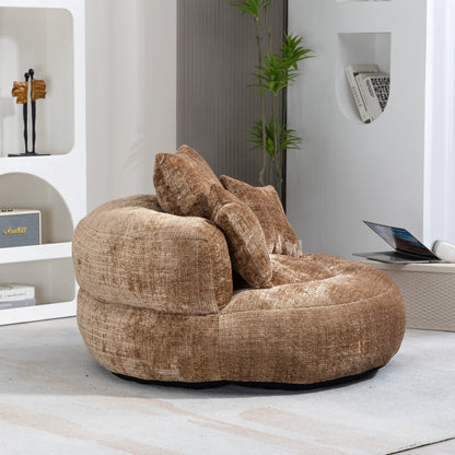Canapé pouf géant en chenille 42.52 couleur café, avec trois coussins, pour chambre à coucher.