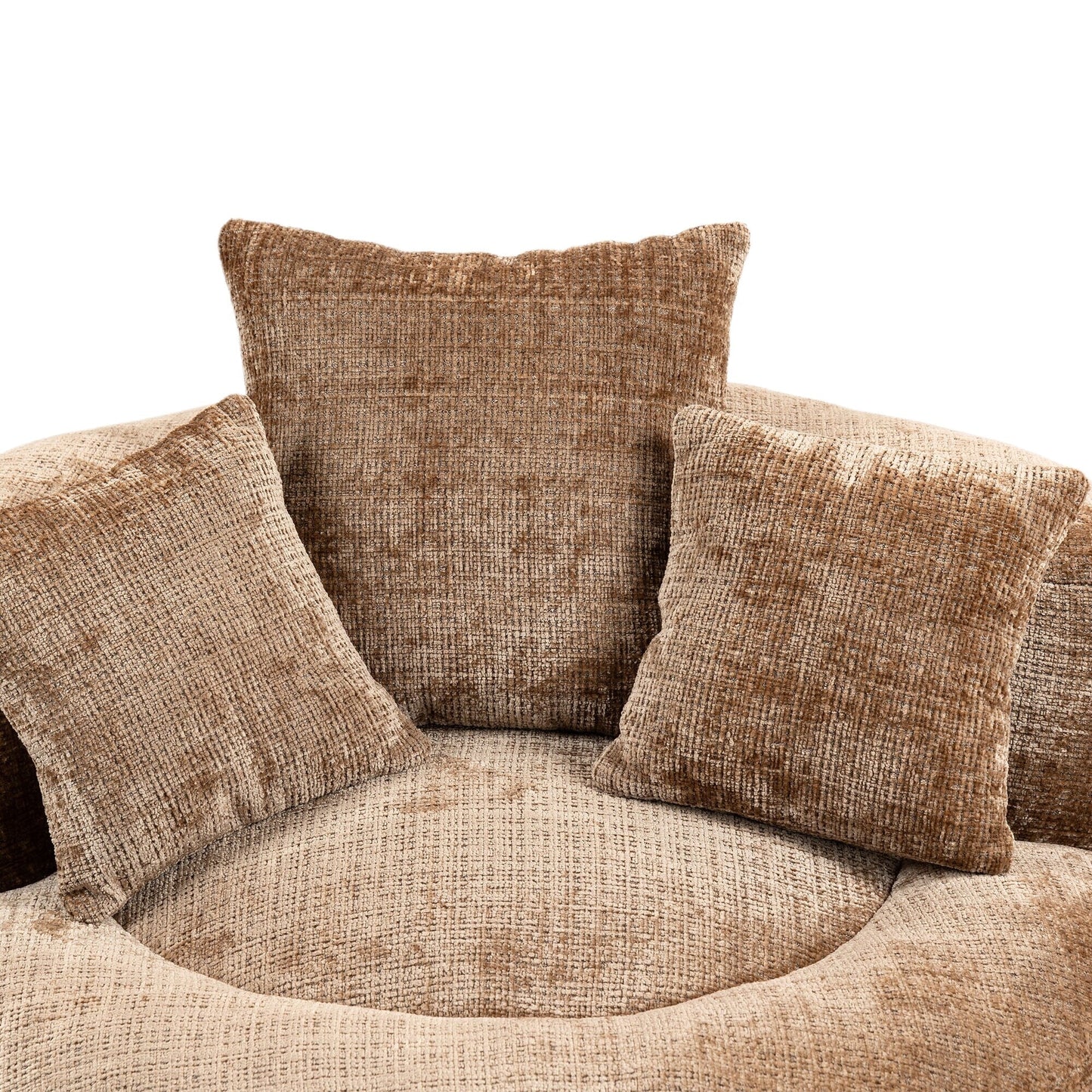 Canapé pouf géant en chenille 42.52 couleur café, avec trois coussins, pour chambre à coucher.