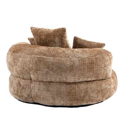 Canapé pouf géant en chenille 42.52 couleur café, avec trois coussins, pour chambre à coucher.