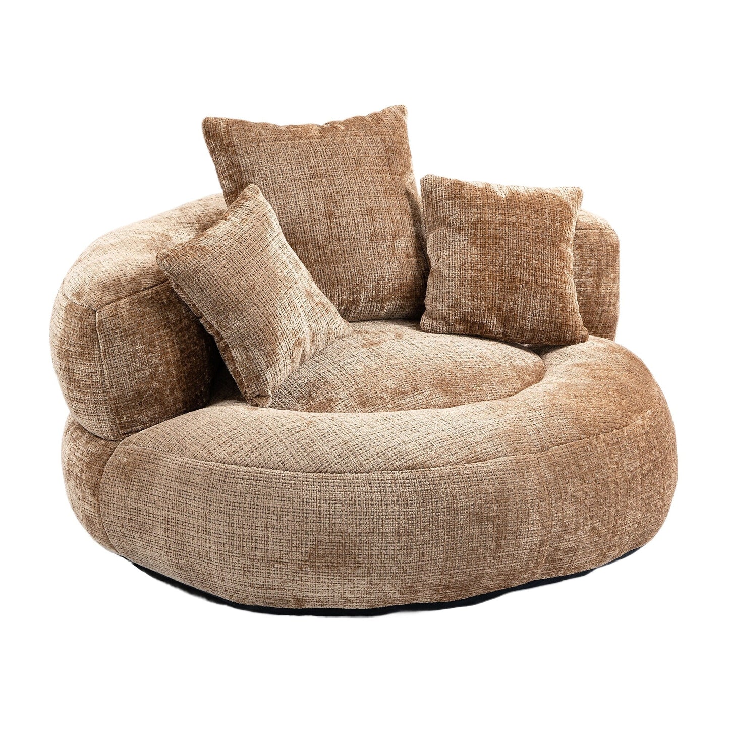 Canapé pouf géant en chenille 42.52 couleur café, avec trois coussins, pour chambre à coucher.