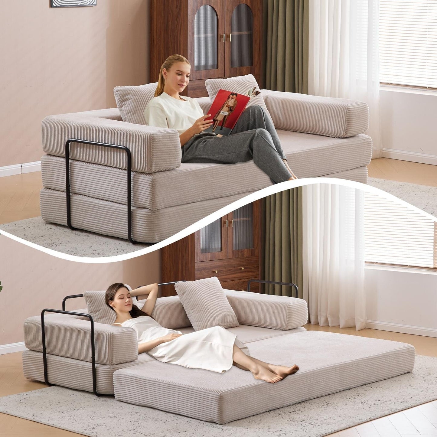 Canapé-lit de sol convertible avec dossier capitonné en chenille pour salon et chambre à coucher