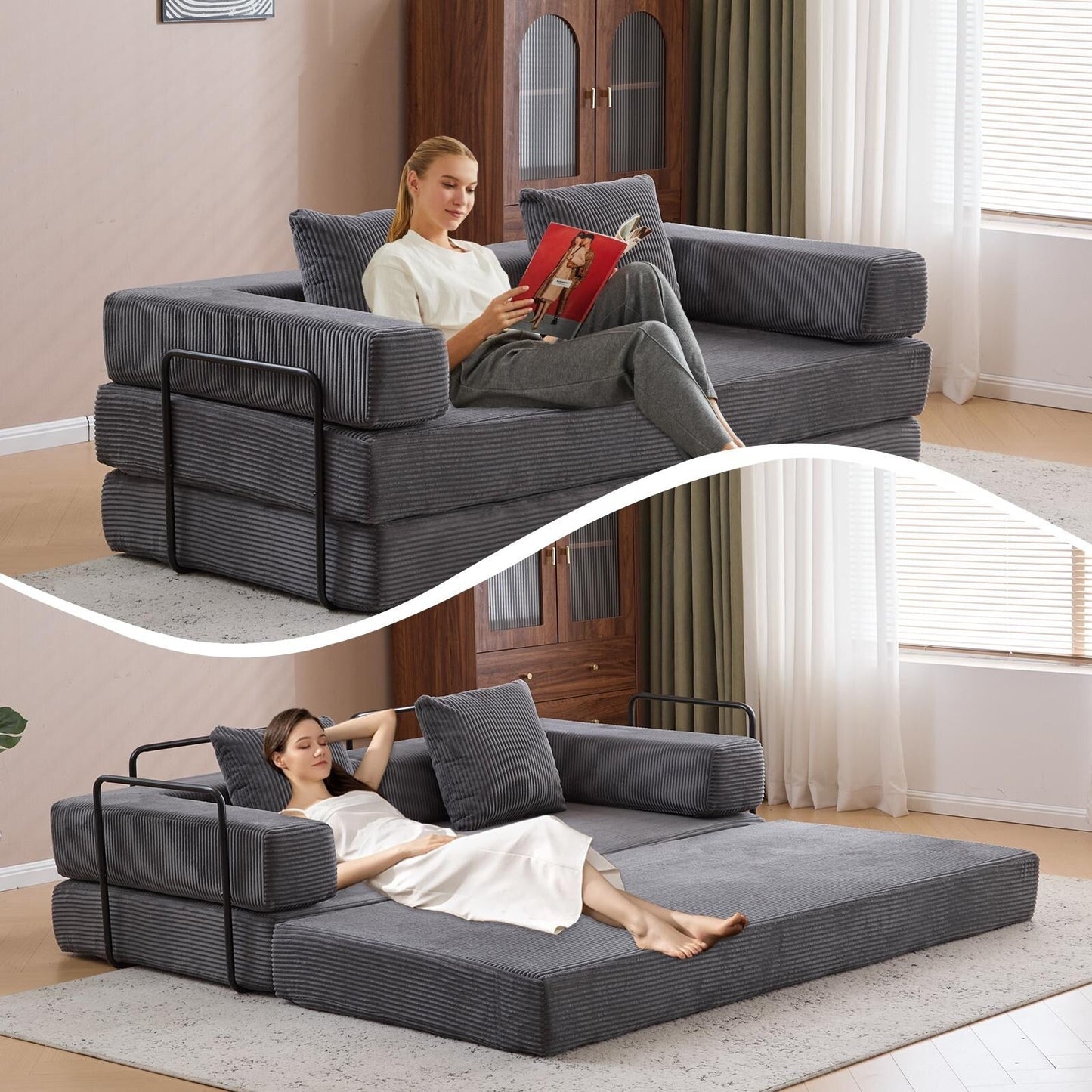 Canapé-lit de sol convertible avec dossier capitonné en chenille pour salon et chambre à coucher