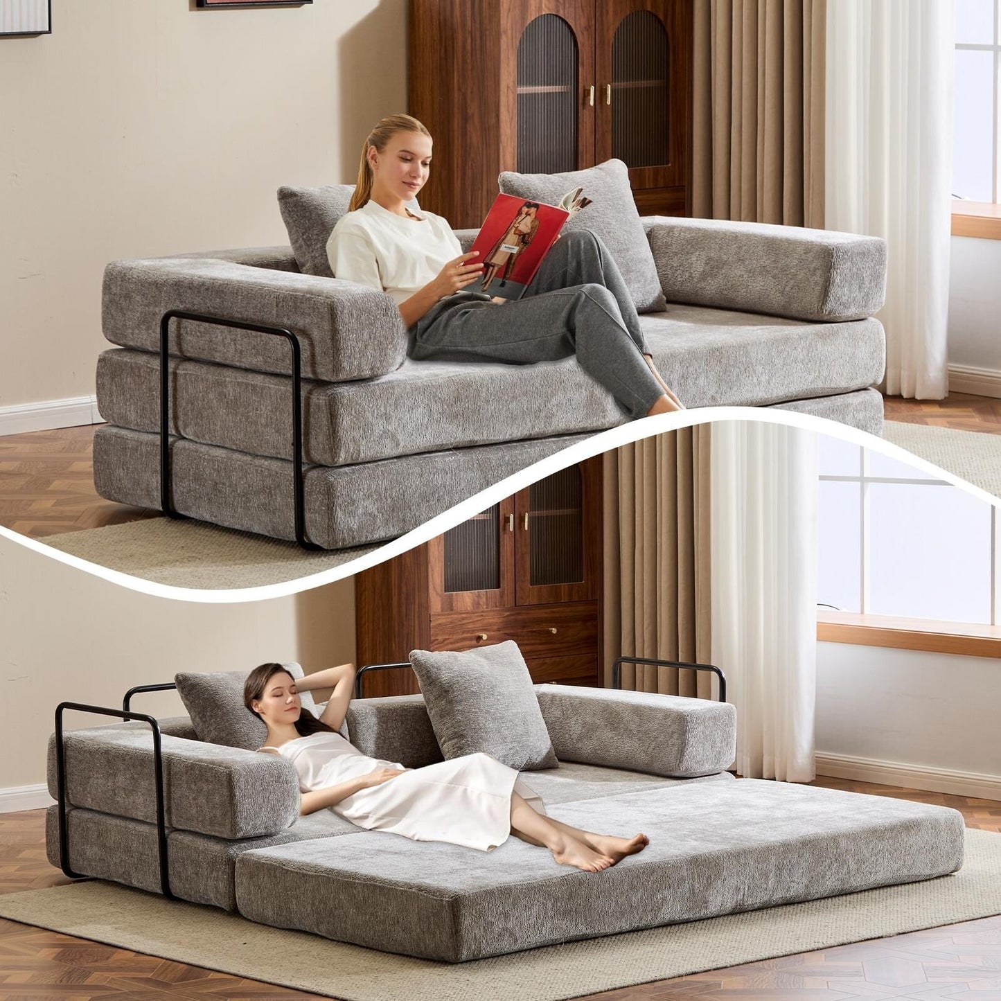 Canapé-lit de sol convertible avec dossier capitonné en chenille pour salon et chambre à coucher