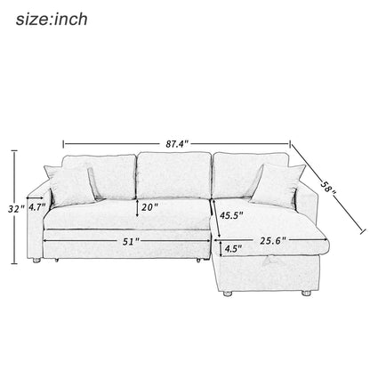 Canapé d'angle convertible en forme de L avec lit escamotable et espace de rangement, 2 coussins décoratifs