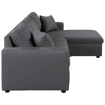 Canapé d'angle convertible en forme de L avec lit escamotable et espace de rangement, 2 coussins décoratifs