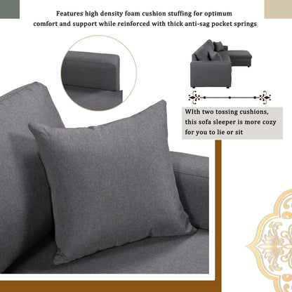 Canapé d'angle convertible en forme de L avec lit escamotable et espace de rangement, 2 coussins décoratifs