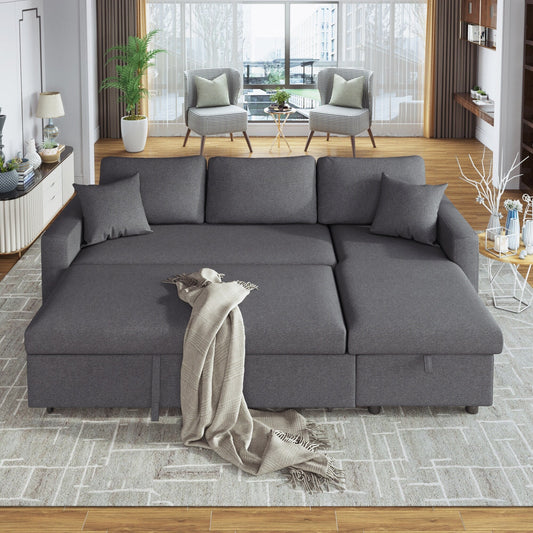 Canapé d'angle convertible en forme de L avec lit escamotable et espace de rangement, 2 coussins décoratifs