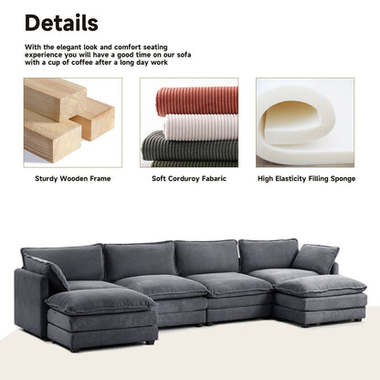 Canapé d'angle en velours côtelé avec ottomans amovibles et coussins ultra-doux pour salon et chambre à coucher