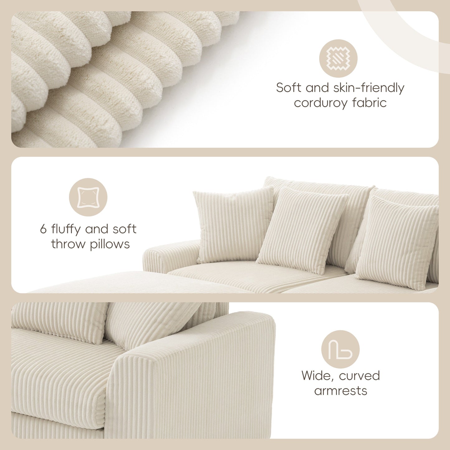 Canapé d'angle en velours côtelé avec haut-parleurs Bluetooth, chargeur USB, porte-gobelets, rangement, pouf, assise profonde et large.