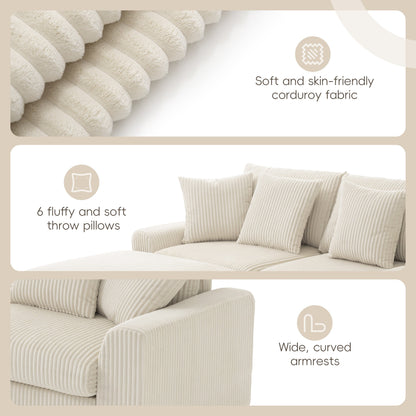 Canapé d'angle en velours côtelé avec haut-parleurs Bluetooth, chargeur USB, porte-gobelets, rangement, pouf, assise profonde et large.