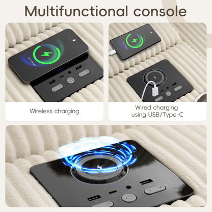 Canapé d'angle en velours côtelé avec haut-parleurs Bluetooth, chargeur USB, porte-gobelets, rangement, pouf, assise profonde et large.