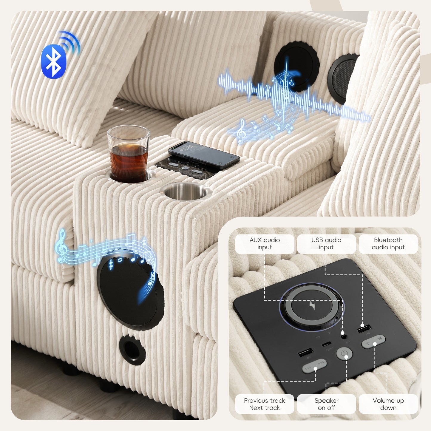 Canapé d'angle en velours côtelé avec haut-parleurs Bluetooth, chargeur USB, porte-gobelets, rangement, pouf, assise profonde et large.