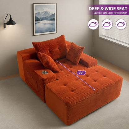Canapé en mousse à mémoire de forme recouvert de velours côtelé avec pouf, canapé-lit en forme de haricot recouvert de tissu - 123 x 172 x 62 cm (LxlxH)