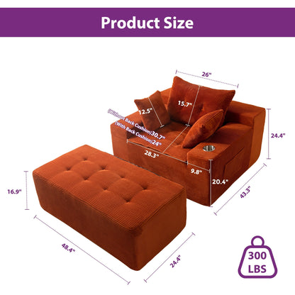 Canapé en mousse à mémoire de forme recouvert de velours côtelé avec pouf, canapé-lit en forme de haricot recouvert de tissu - 123 x 172 x 62 cm (LxlxH)