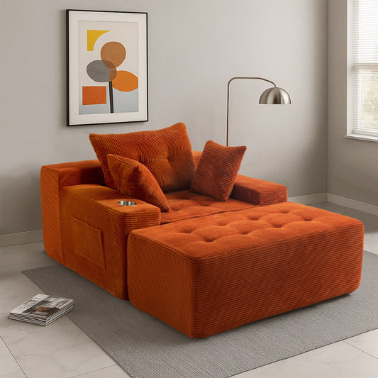 Canapé en mousse à mémoire de forme recouvert de velours côtelé avec pouf, canapé-lit en forme de haricot recouvert de tissu - 123 x 172 x 62 cm (LxlxH)