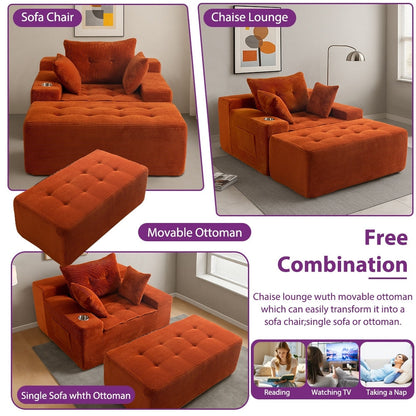 Canapé en mousse à mémoire de forme recouvert de velours côtelé avec pouf, canapé-lit en forme de haricot recouvert de tissu - 123 x 172 x 62 cm (LxlxH)