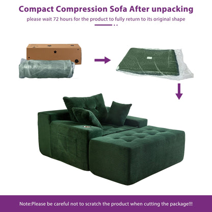 Canapé en mousse à mémoire de forme recouvert de velours côtelé avec pouf, canapé-lit en forme de haricot recouvert de tissu - 123 x 172 x 62 cm (LxlxH)