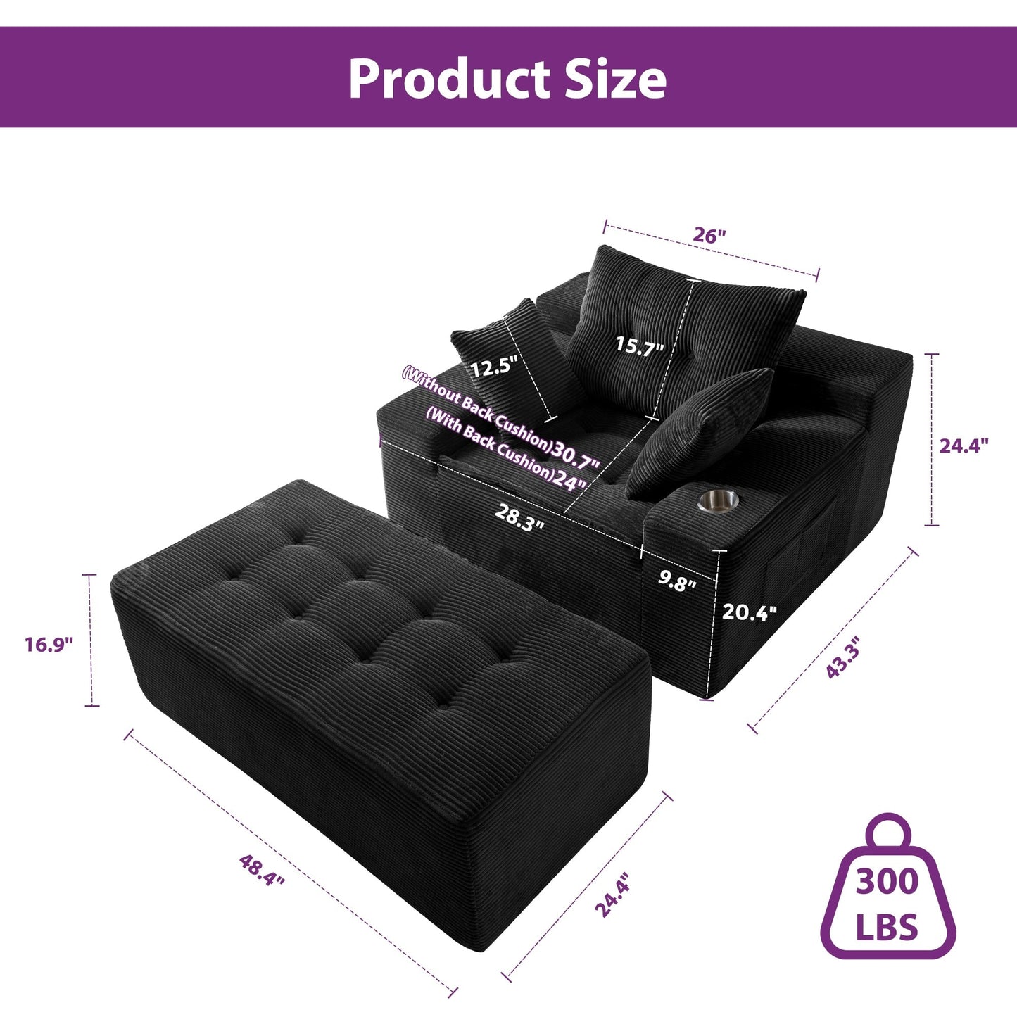 Canapé en mousse à mémoire de forme recouvert de velours côtelé avec pouf, canapé-lit en forme de haricot recouvert de tissu - 123 x 172 x 62 cm (LxlxH)