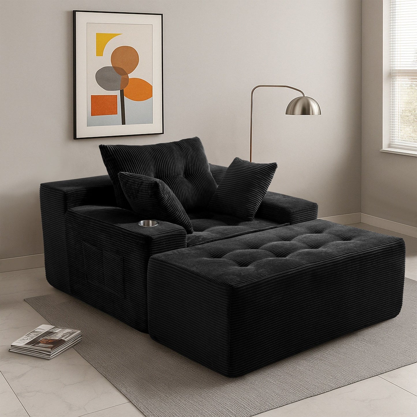 Canapé en mousse à mémoire de forme recouvert de velours côtelé avec pouf, canapé-lit en forme de haricot recouvert de tissu - 123 x 172 x 62 cm (LxlxH)