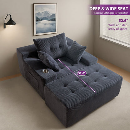 Canapé en mousse à mémoire de forme recouvert de velours côtelé avec pouf, canapé-lit en forme de haricot recouvert de tissu - 123 x 172 x 62 cm (LxlxH)