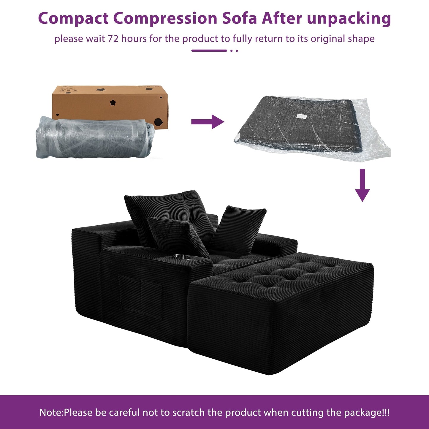 Canapé en mousse à mémoire de forme recouvert de velours côtelé avec pouf, canapé-lit en forme de haricot recouvert de tissu - 123 x 172 x 62 cm (LxlxH)