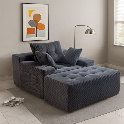 Canapé en mousse à mémoire de forme recouvert de velours côtelé avec pouf, canapé-lit en forme de haricot recouvert de tissu - 123 x 172 x 62 cm (LxlxH)