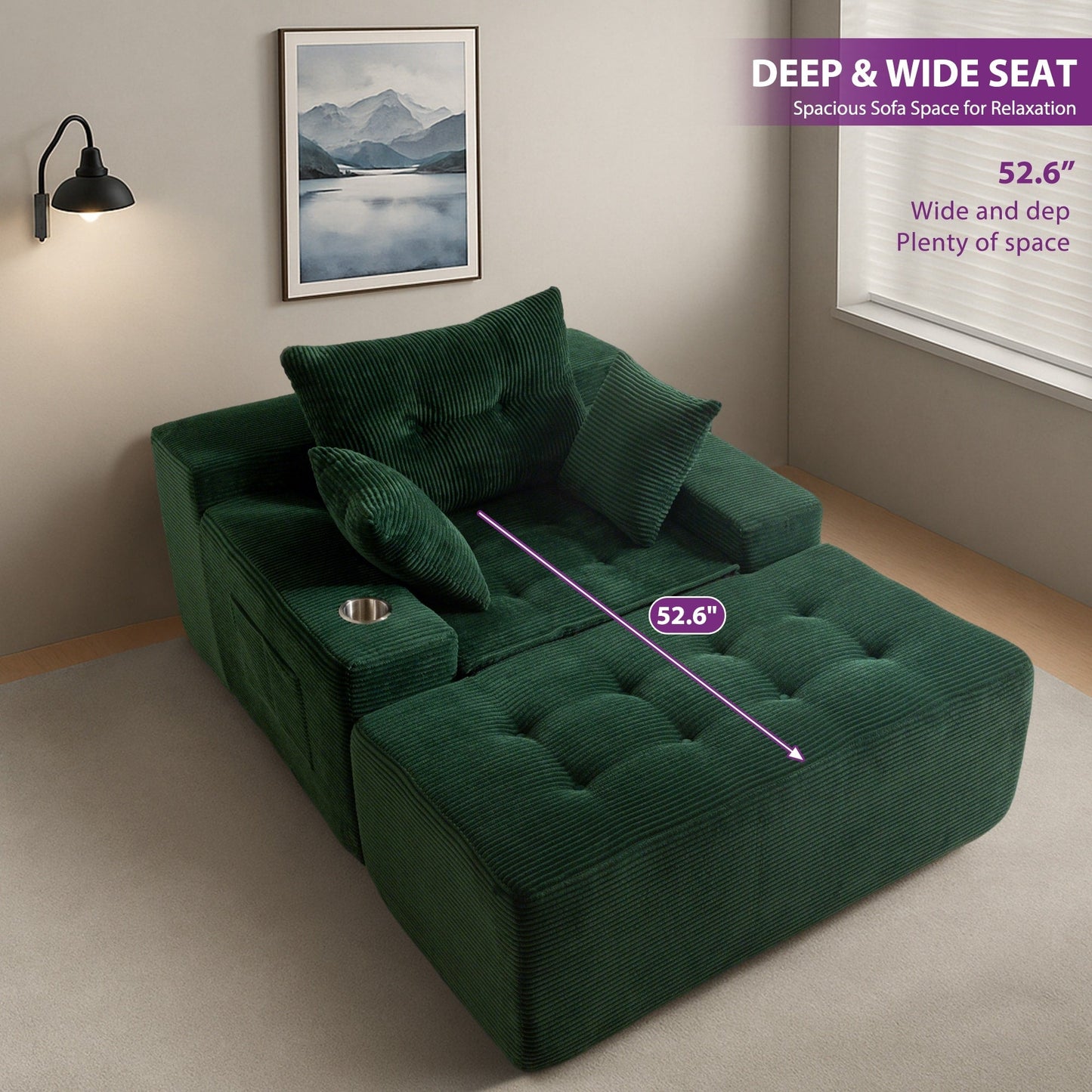 Canapé en mousse à mémoire de forme recouvert de velours côtelé avec pouf, canapé-lit en forme de haricot recouvert de tissu - 123 x 172 x 62 cm (LxlxH)