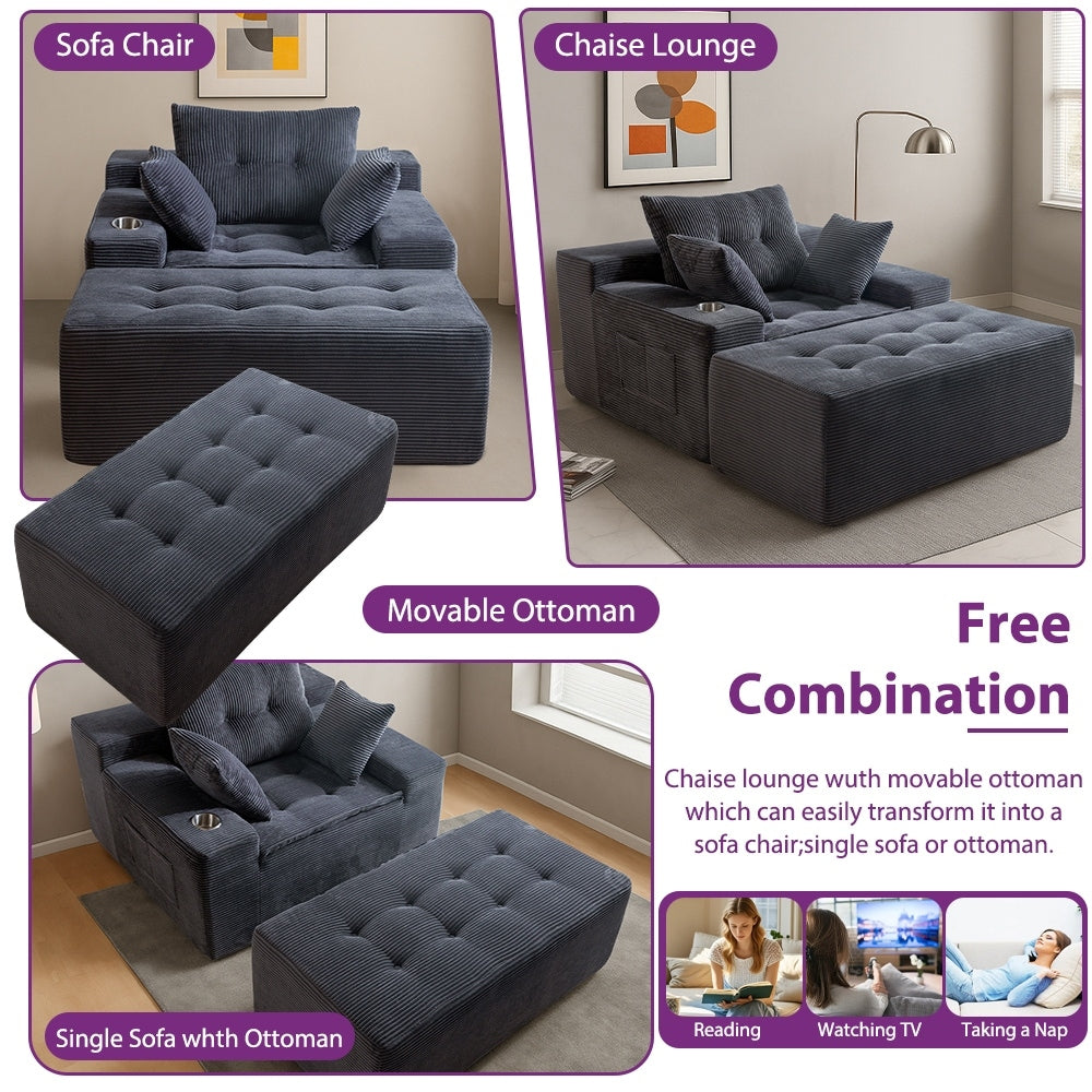 Canapé en mousse à mémoire de forme recouvert de velours côtelé avec pouf, canapé-lit en forme de haricot recouvert de tissu - 123 x 172 x 62 cm (LxlxH)