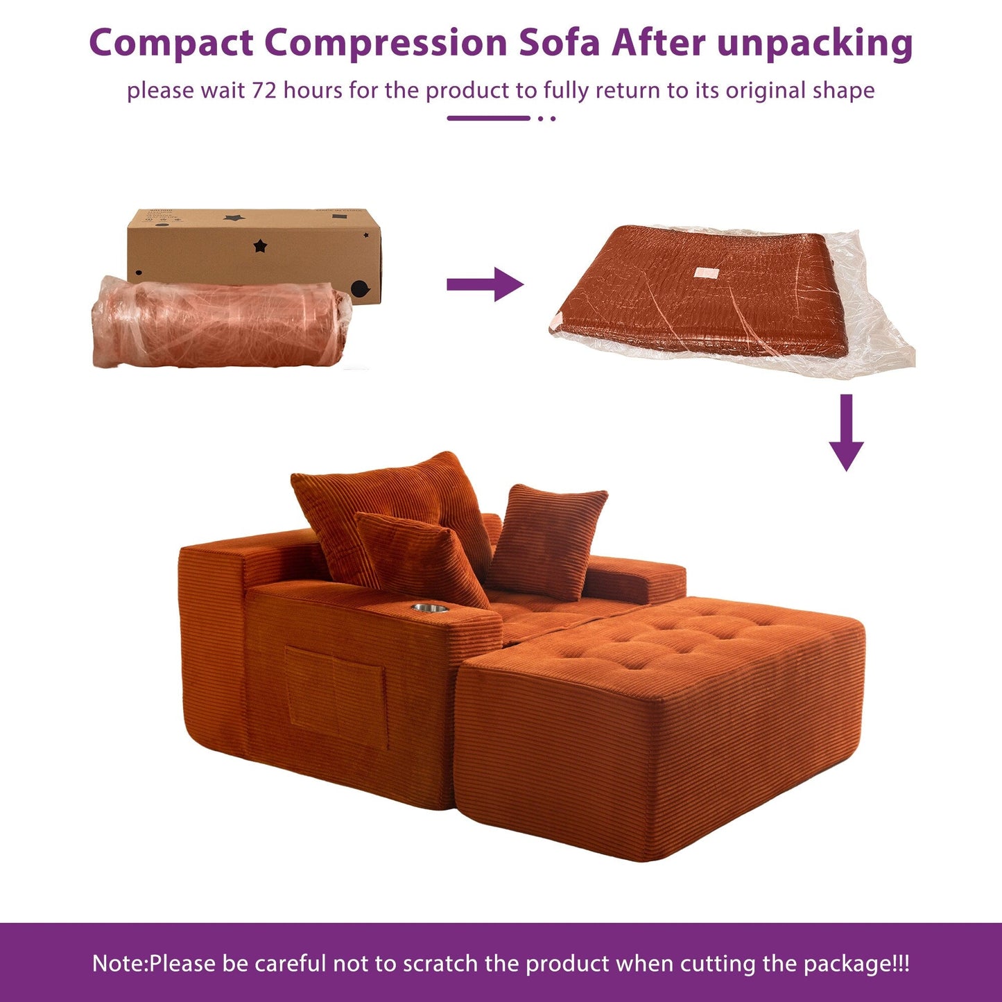 Canapé en mousse à mémoire de forme recouvert de velours côtelé avec pouf, canapé-lit en forme de haricot recouvert de tissu - 123 x 172 x 62 cm (LxlxH)