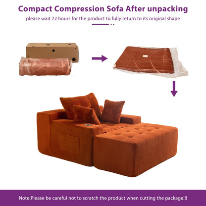 Canapé en mousse à mémoire de forme recouvert de velours côtelé avec pouf, canapé-lit en forme de haricot recouvert de tissu - 123 x 172 x 62 cm (LxlxH)