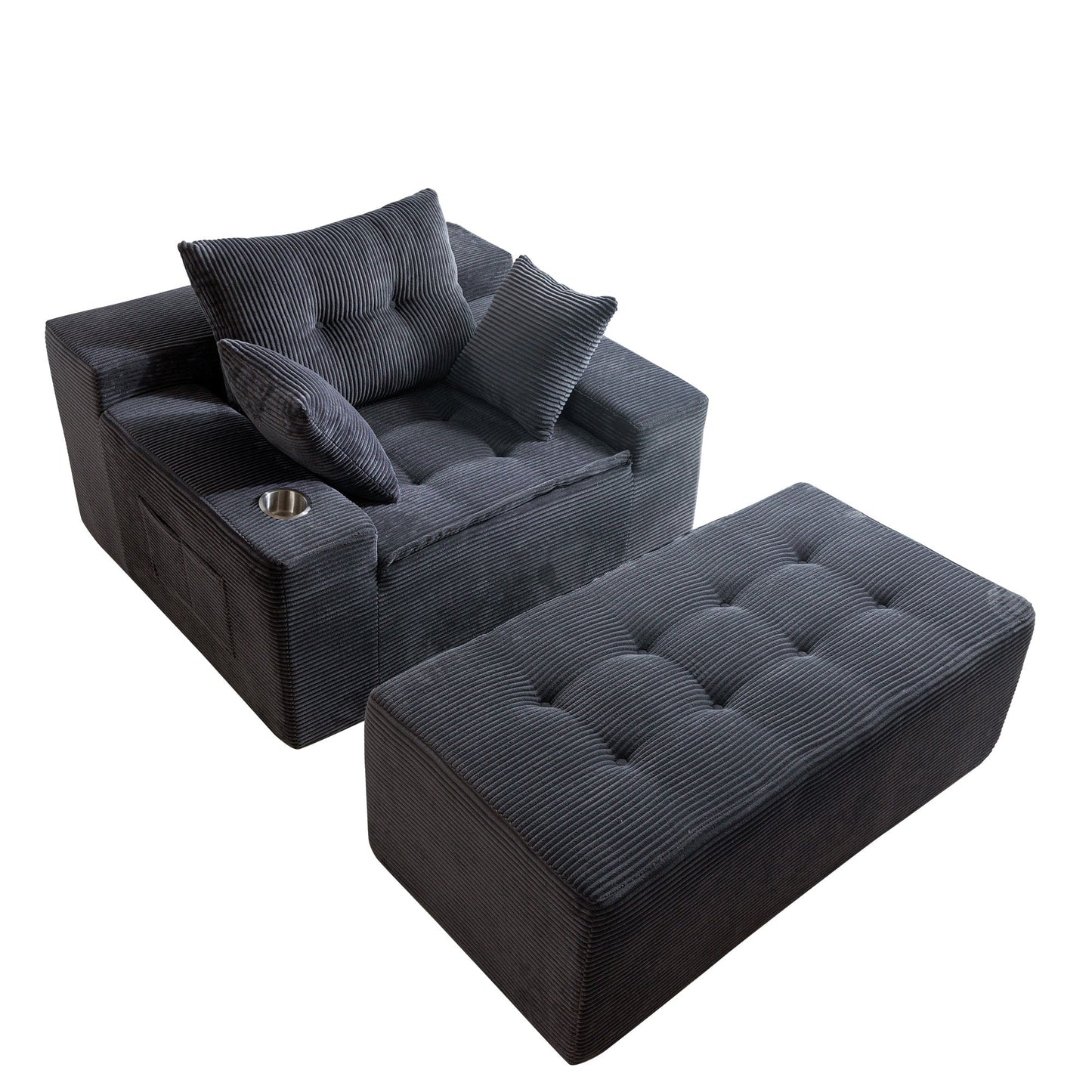 Canapé en mousse à mémoire de forme recouvert de velours côtelé avec pouf, canapé-lit en forme de haricot recouvert de tissu - 123 x 172 x 62 cm (LxlxH)