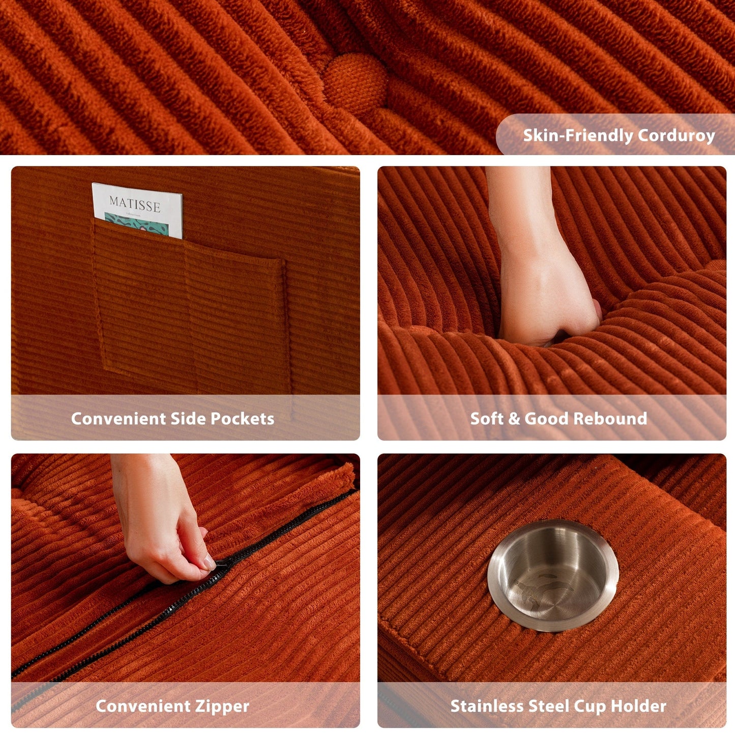 Canapé en mousse à mémoire de forme recouvert de velours côtelé avec pouf, canapé-lit en forme de haricot recouvert de tissu - 123 x 172 x 62 cm (LxlxH)
