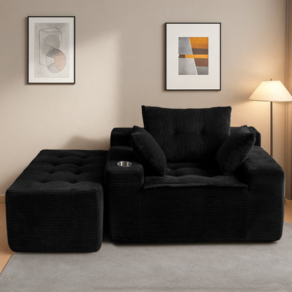 Canapé en mousse à mémoire de forme recouvert de velours côtelé avec pouf, canapé-lit en forme de haricot recouvert de tissu - 123 x 172 x 62 cm (LxlxH)