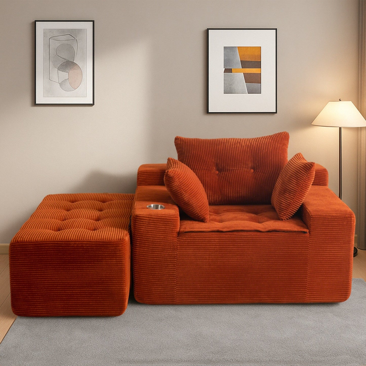 Canapé en mousse à mémoire de forme recouvert de velours côtelé avec pouf, canapé-lit en forme de haricot recouvert de tissu - 123 x 172 x 62 cm (LxlxH)