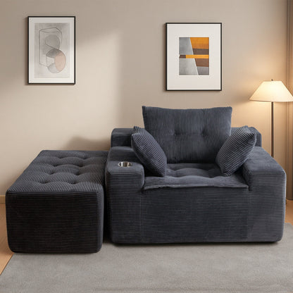 Canapé en mousse à mémoire de forme recouvert de velours côtelé avec pouf, canapé-lit en forme de haricot recouvert de tissu - 123 x 172 x 62 cm (LxlxH)