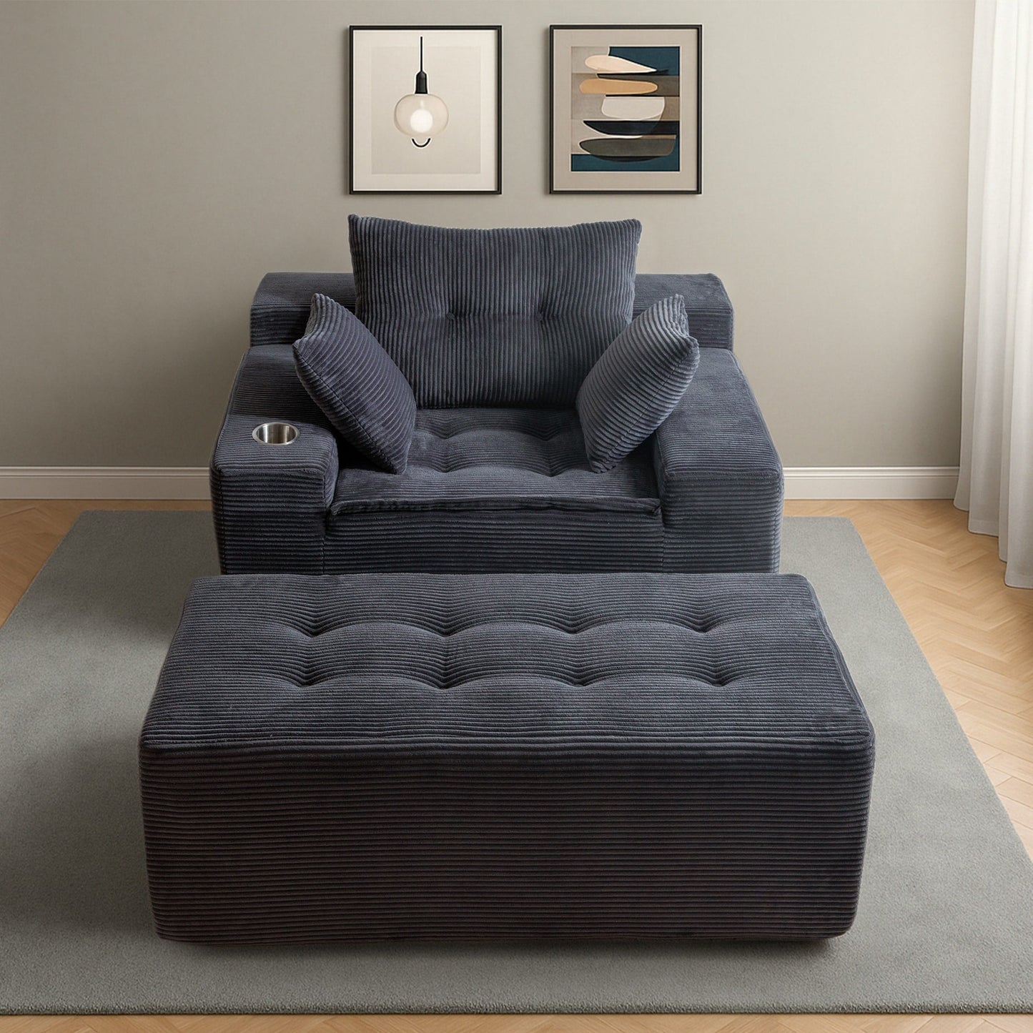 Canapé en mousse à mémoire de forme recouvert de velours côtelé avec pouf, canapé-lit en forme de haricot recouvert de tissu - 123 x 172 x 62 cm (LxlxH)