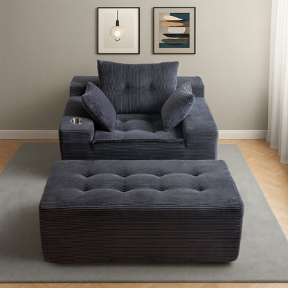 Canapé en mousse à mémoire de forme recouvert de velours côtelé avec pouf, canapé-lit en forme de haricot recouvert de tissu - 123 x 172 x 62 cm (LxlxH)