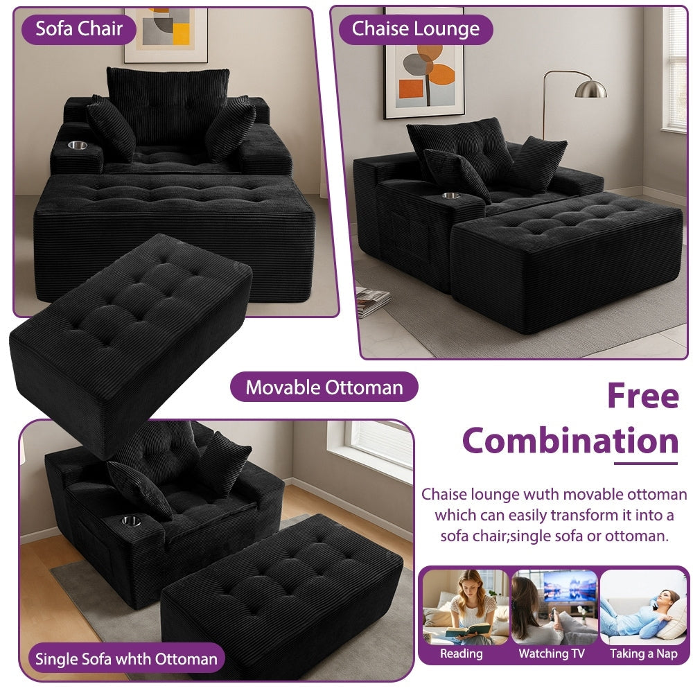 Canapé en mousse à mémoire de forme recouvert de velours côtelé avec pouf, canapé-lit en forme de haricot recouvert de tissu - 123 x 172 x 62 cm (LxlxH)