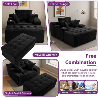 Canapé en mousse à mémoire de forme recouvert de velours côtelé avec pouf, canapé-lit en forme de haricot recouvert de tissu - 123 x 172 x 62 cm (LxlxH)