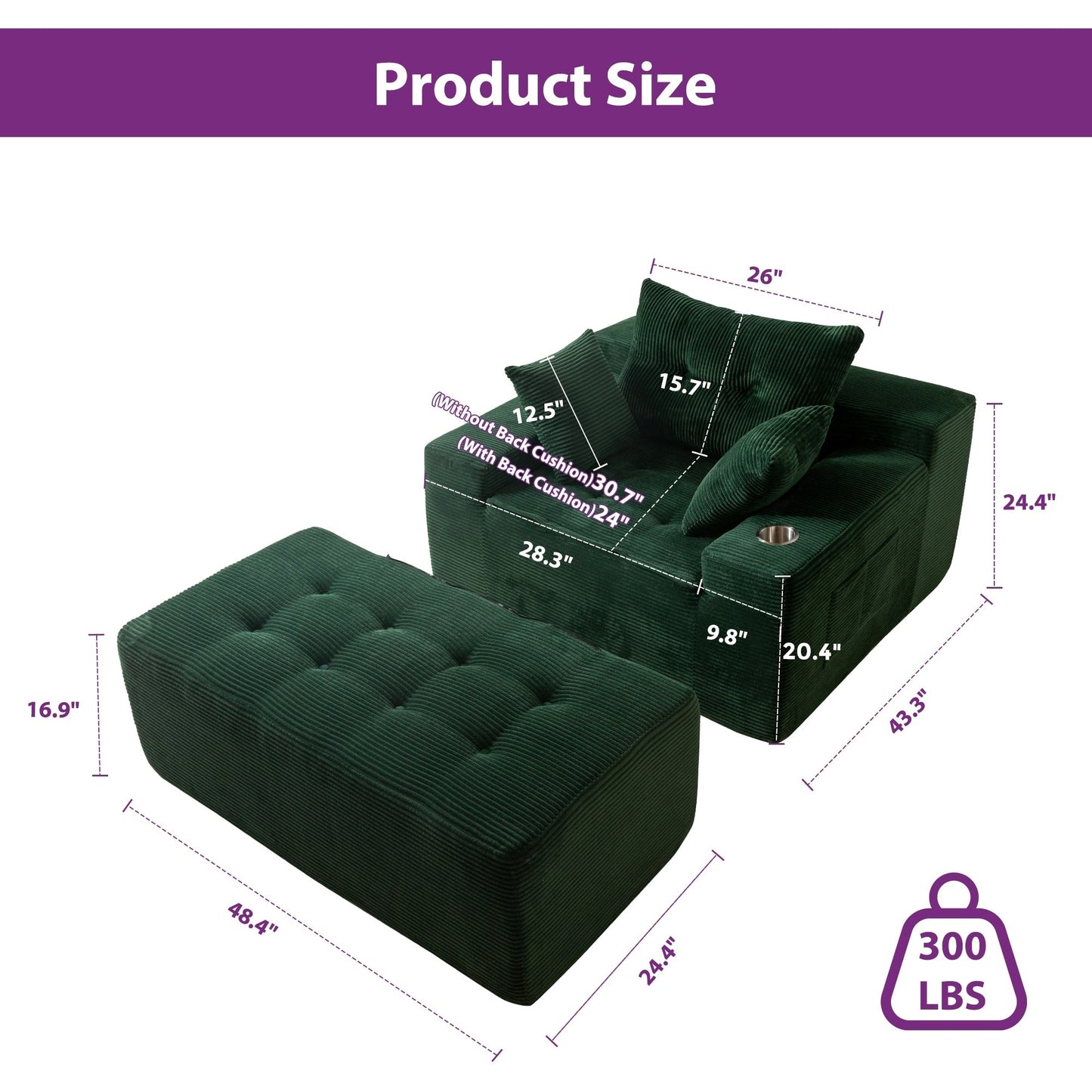 Canapé en mousse à mémoire de forme recouvert de velours côtelé avec pouf, canapé-lit en forme de haricot recouvert de tissu - 123 x 172 x 62 cm (LxlxH)