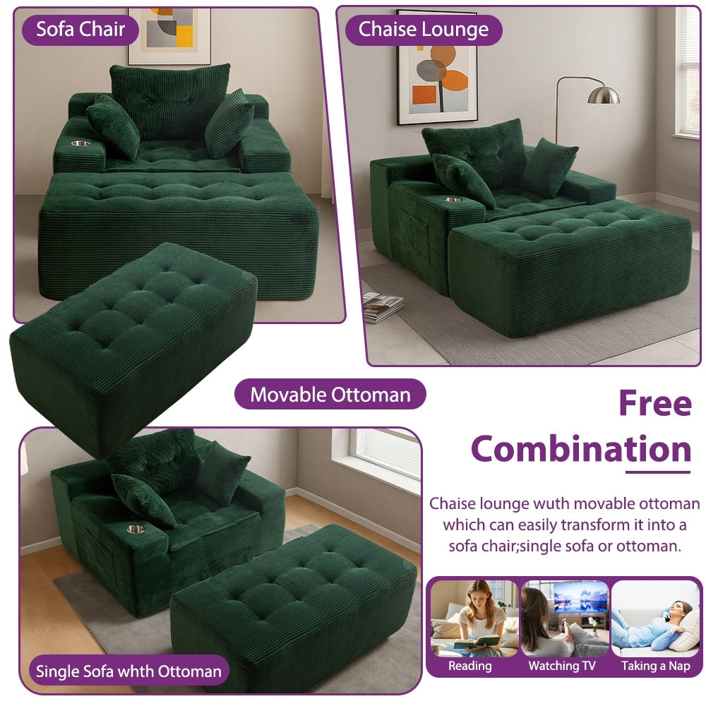 Canapé en mousse à mémoire de forme recouvert de velours côtelé avec pouf, canapé-lit en forme de haricot recouvert de tissu - 123 x 172 x 62 cm (LxlxH)