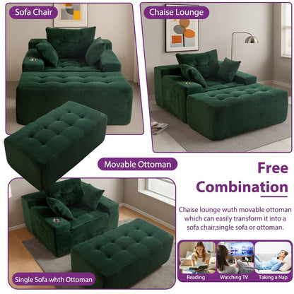 Canapé en mousse à mémoire de forme recouvert de velours côtelé avec pouf, canapé-lit en forme de haricot recouvert de tissu - 123 x 172 x 62 cm (LxlxH)